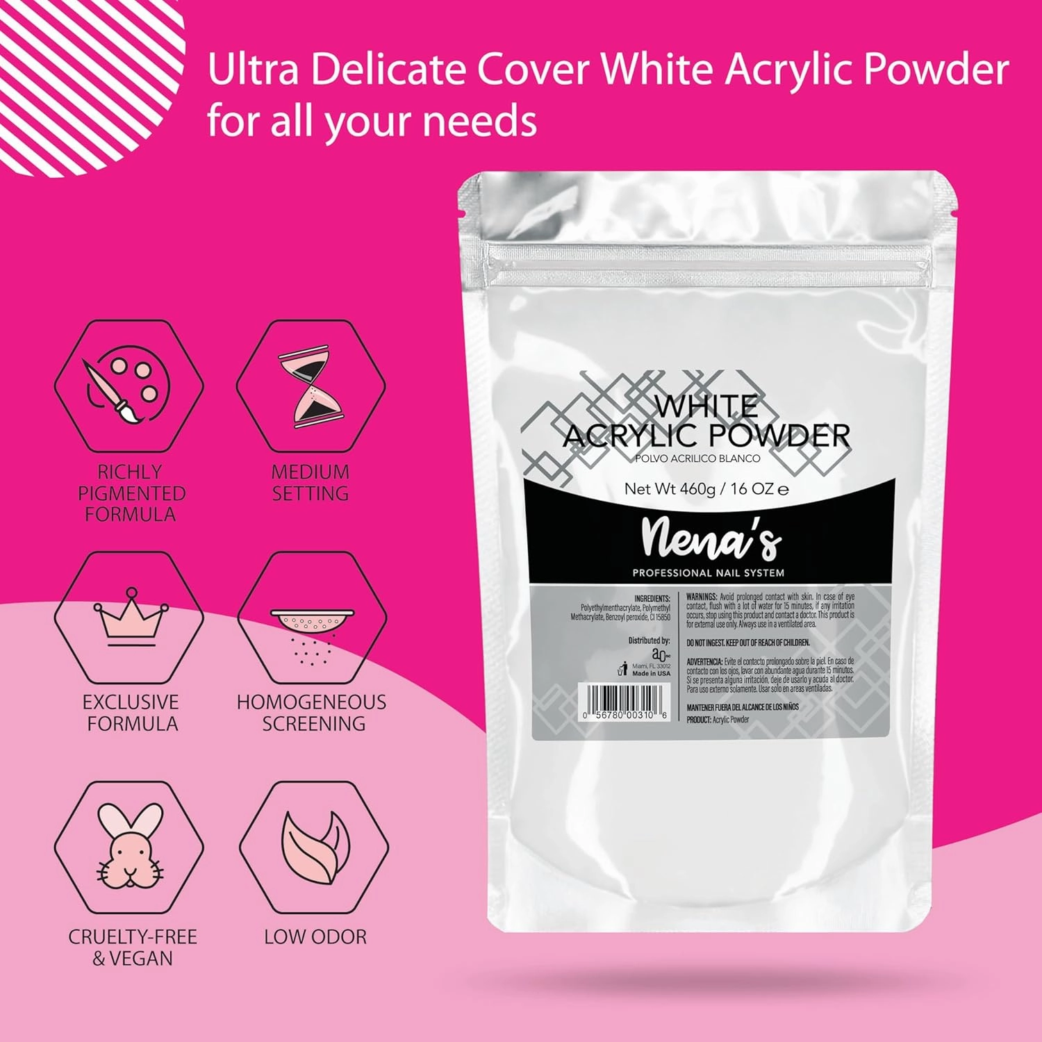 Nena's 16oz Acrylic Liquid monomer   16oz Clear Acrylic Powder Made in USA Clear Pink (Cover White)
