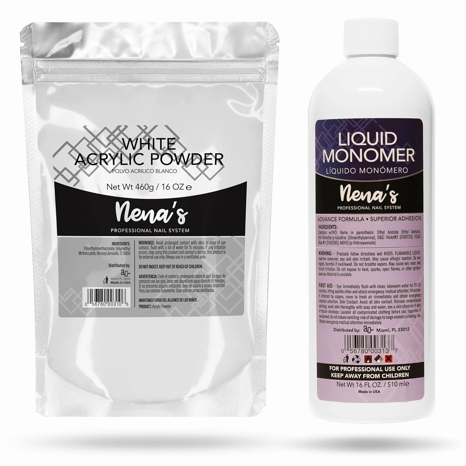 Nena's 16oz Acrylic Liquid monomer   16oz Clear Acrylic Powder Made in USA Clear Pink (Cover White)