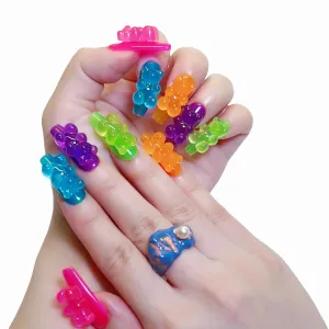Neon Gummy Bear Press On Nails, 3D Design Care Bear Nails, 10 Pieces, Coffin Shape, Fluorescent Colors,S