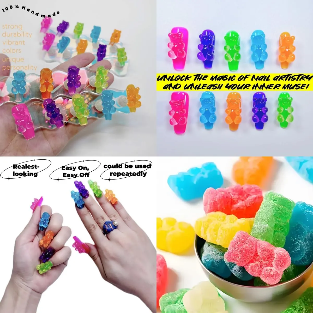 Neon Gummy Bear Press On Nails, 3D Design Care Bear Nails, 10 Pieces, Coffin Shape, Fluorescent Colors,S