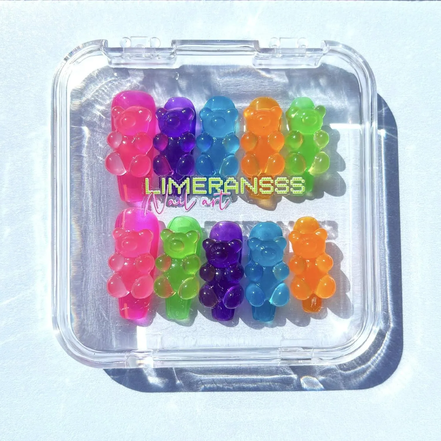 Neon Gummy Bear Press On Nails, 3D Design Care Bear Nails, 10 Pieces, Coffin Shape, Fluorescent Colors,S