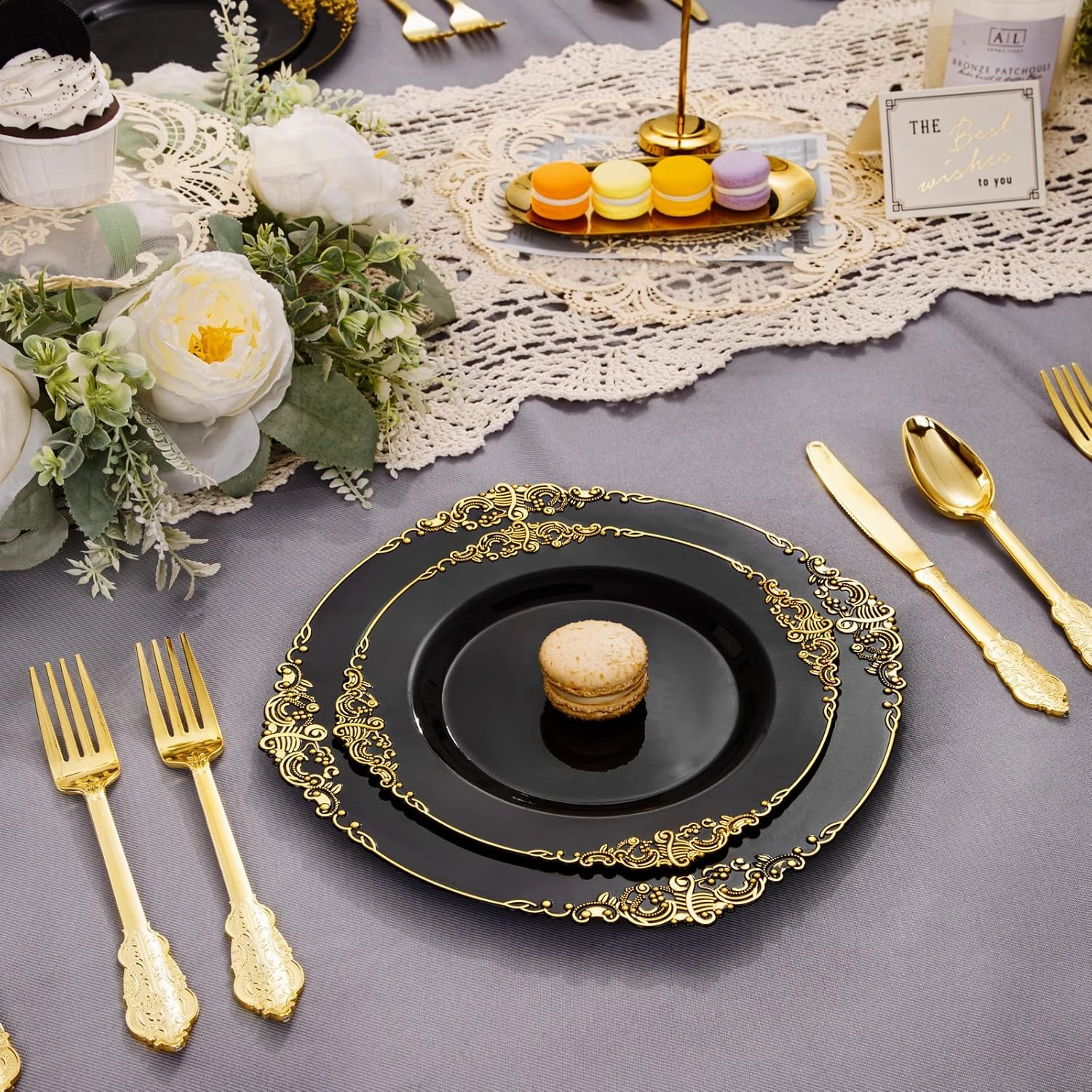 Nervure 100PCS Black Gold Plastic Plates - 7.5 inch Black Plastic Plates with Gold Rim - Disposable Dessert Plates for Wedding & Father's Day & New Year