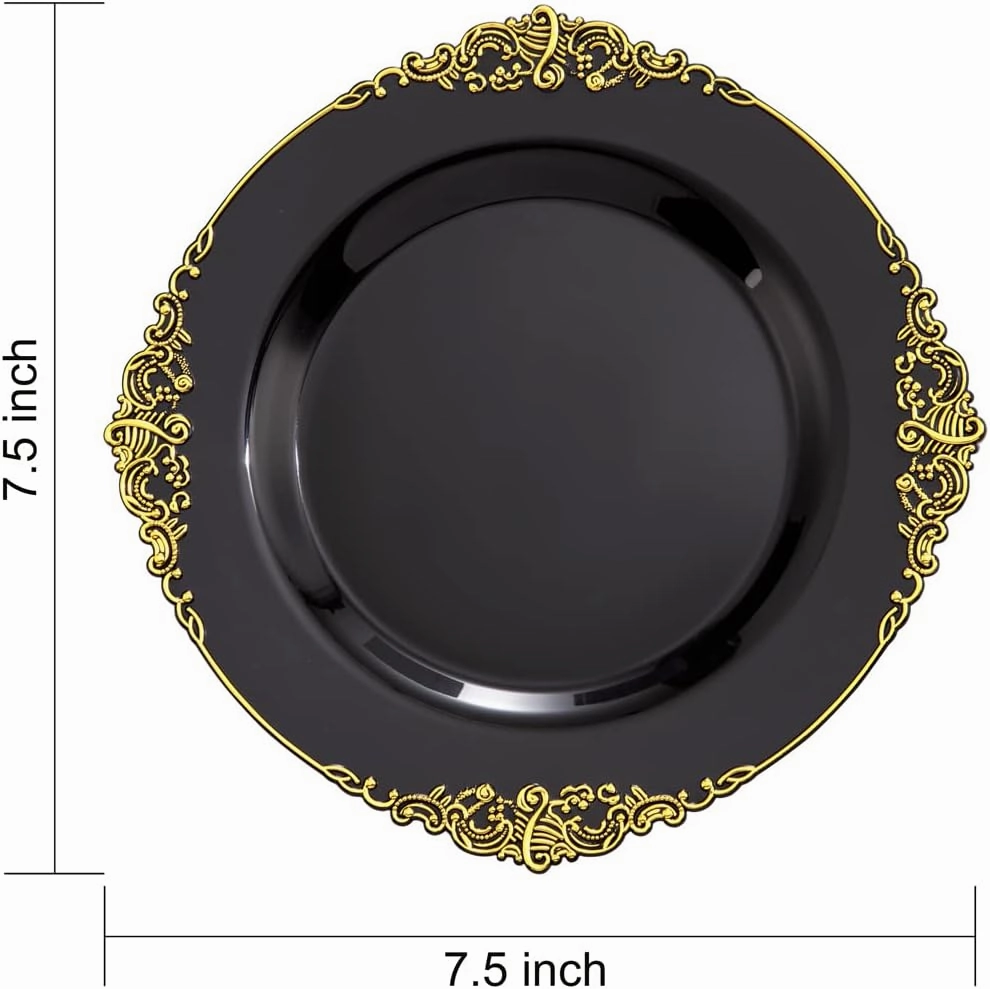 Nervure 100PCS Black Gold Plastic Plates - 7.5 inch Black Plastic Plates with Gold Rim - Disposable Dessert Plates for Wedding & Father's Day & New Year