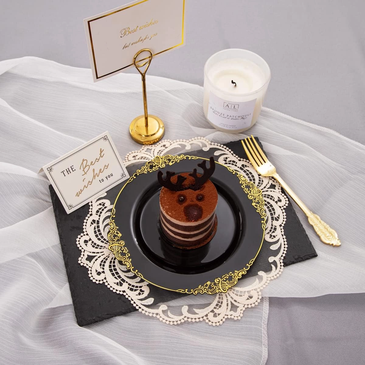 Nervure 100PCS Black Gold Plastic Plates - 7.5 inch Black Plastic Plates with Gold Rim - Disposable Dessert Plates for Wedding & Father's Day & New Year