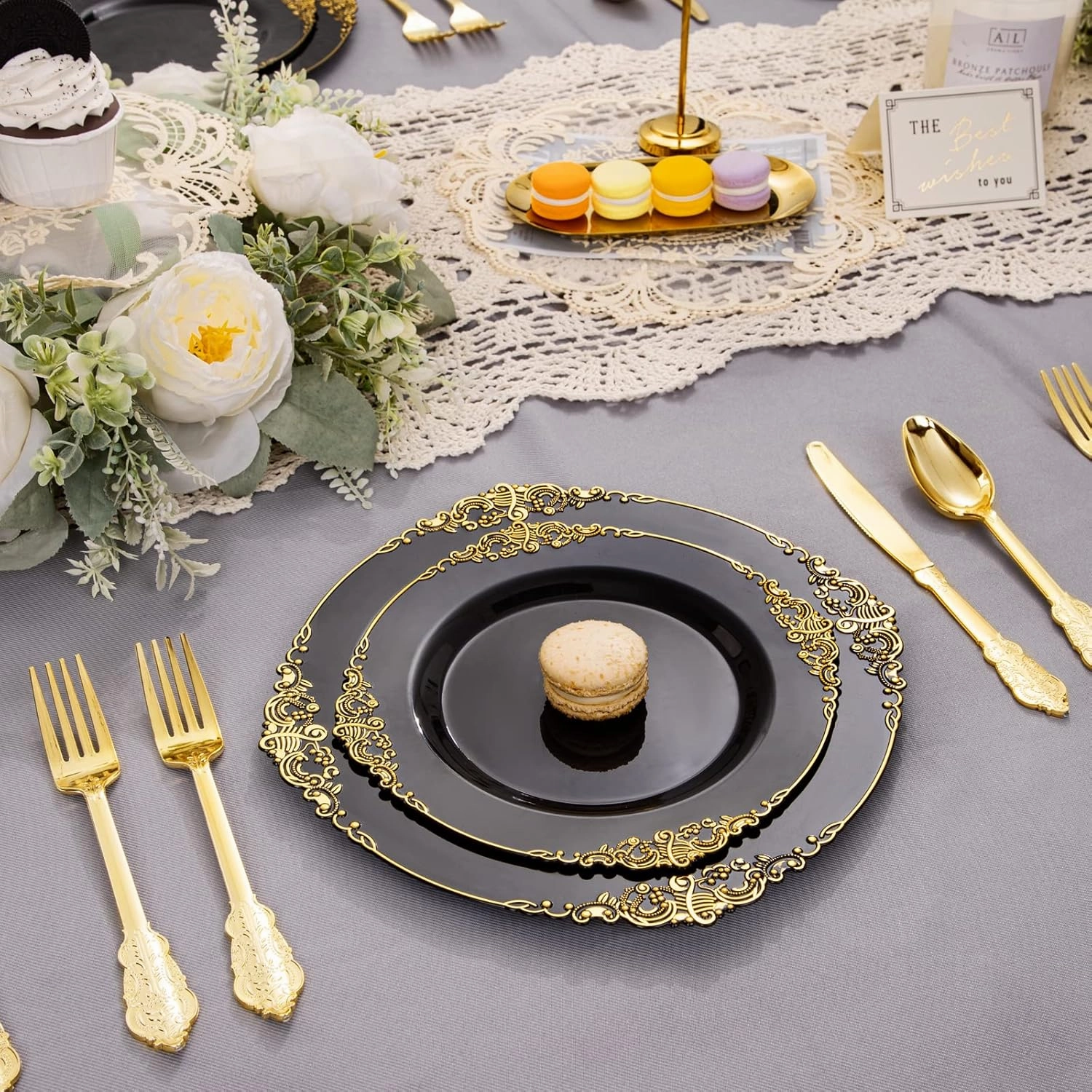 Nervure 100PCS Black Gold Plastic Plates - 7.5 inch Black Plastic Plates with Gold Rim - Disposable Dessert Plates for Wedding & Father's Day & New Year