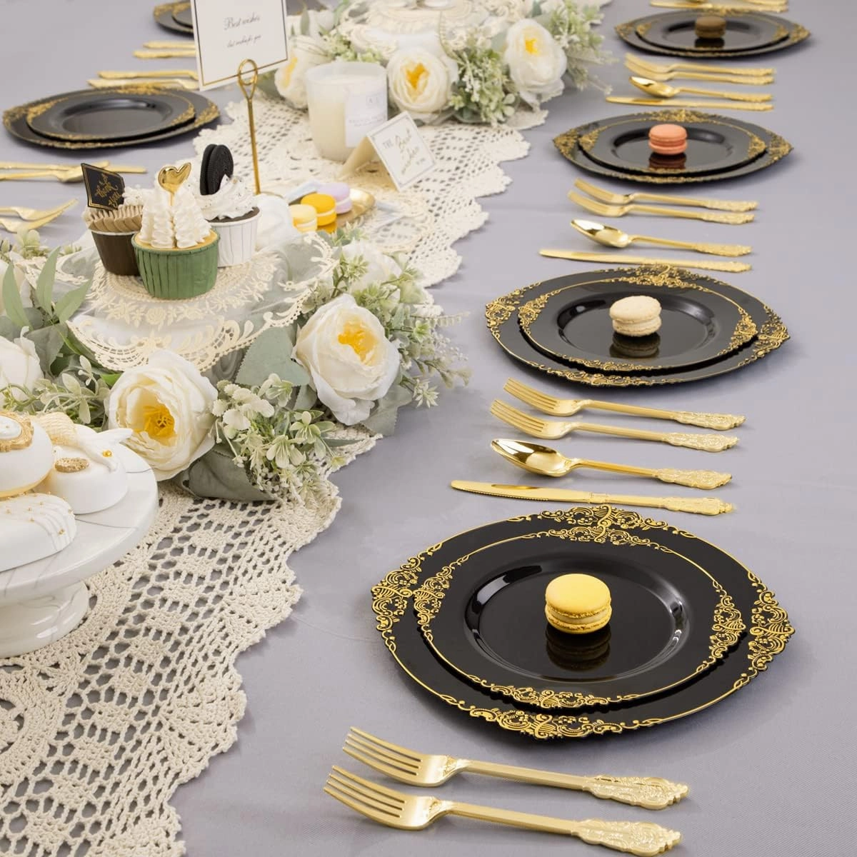 Nervure 100PCS Black Gold Plastic Plates - 7.5 inch Black Plastic Plates with Gold Rim - Disposable Dessert Plates for Wedding & Father's Day & New Year