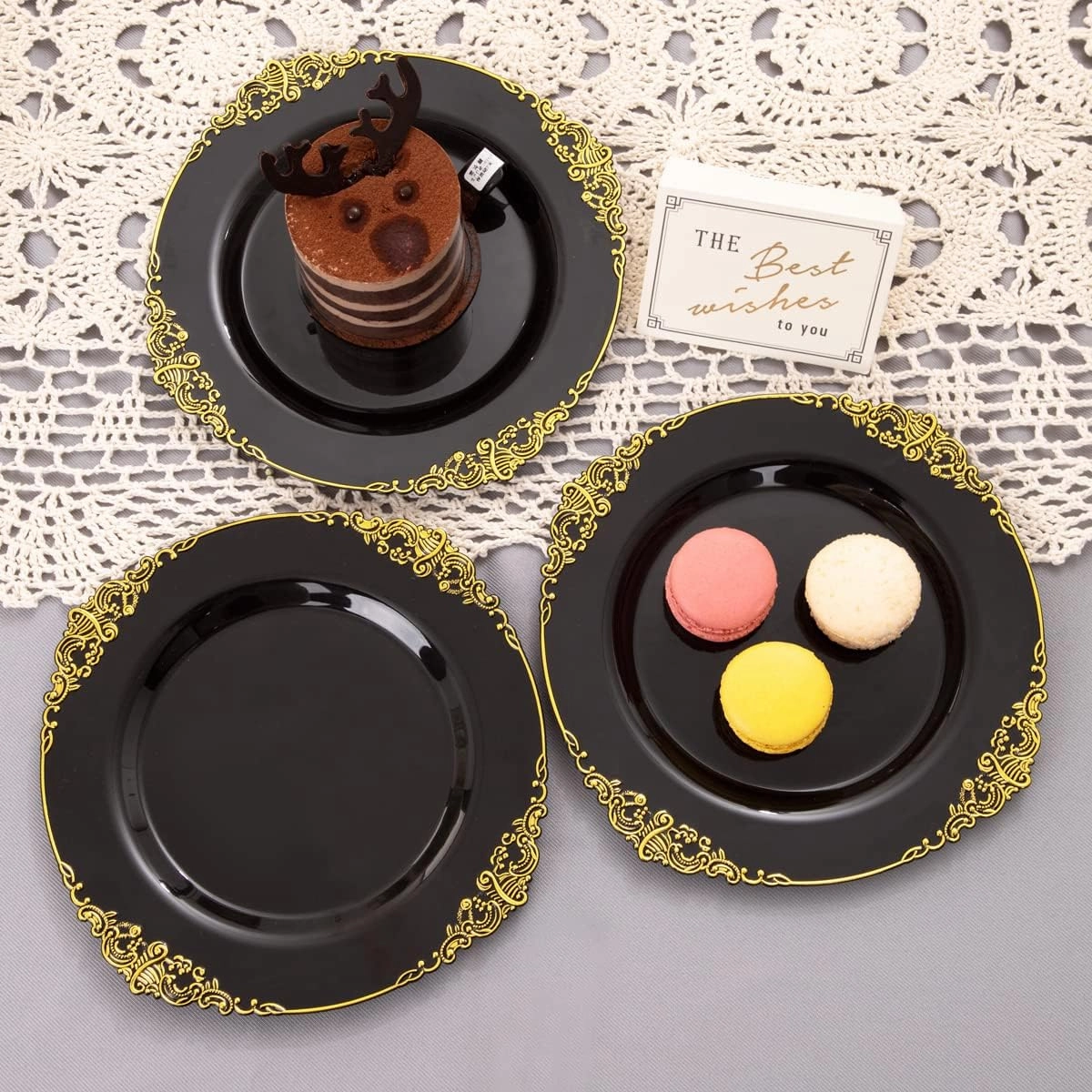 Nervure 100PCS Black Gold Plastic Plates - 7.5 inch Black Plastic Plates with Gold Rim - Disposable Dessert Plates for Wedding & Father's Day & New Year