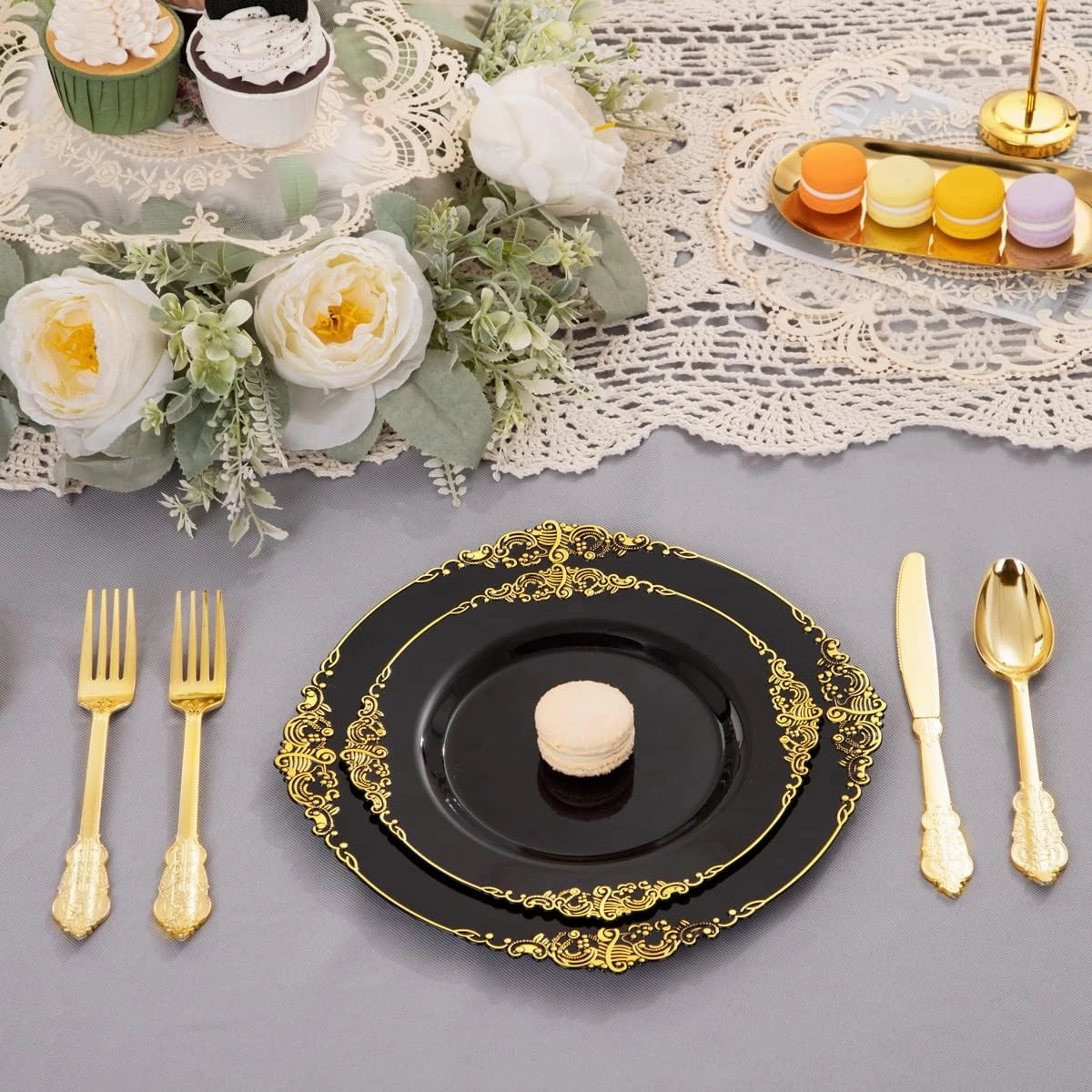 Nervure 100PCS Black Gold Plastic Plates - 7.5 inch Black Plastic Plates with Gold Rim - Disposable Dessert Plates for Wedding & Father's Day & New Year