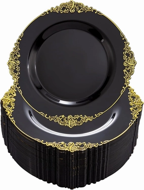 Nervure 100PCS Black Gold Plastic Plates - 7.5 inch Black Plastic Plates with Gold Rim - Disposable Dessert Plates for Wedding & Father's Day & New Year