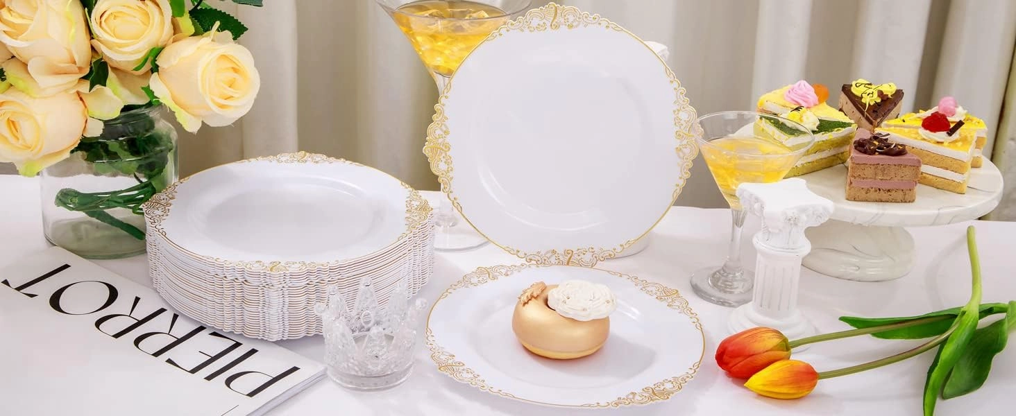 Nervure 100PCS White and Gold Plastic Plates - 7.5inch Gold Disposable Plates - Heavyweight Plastic Plates - Dessert Plates for Wedding & Party & Father's Day & Christmas