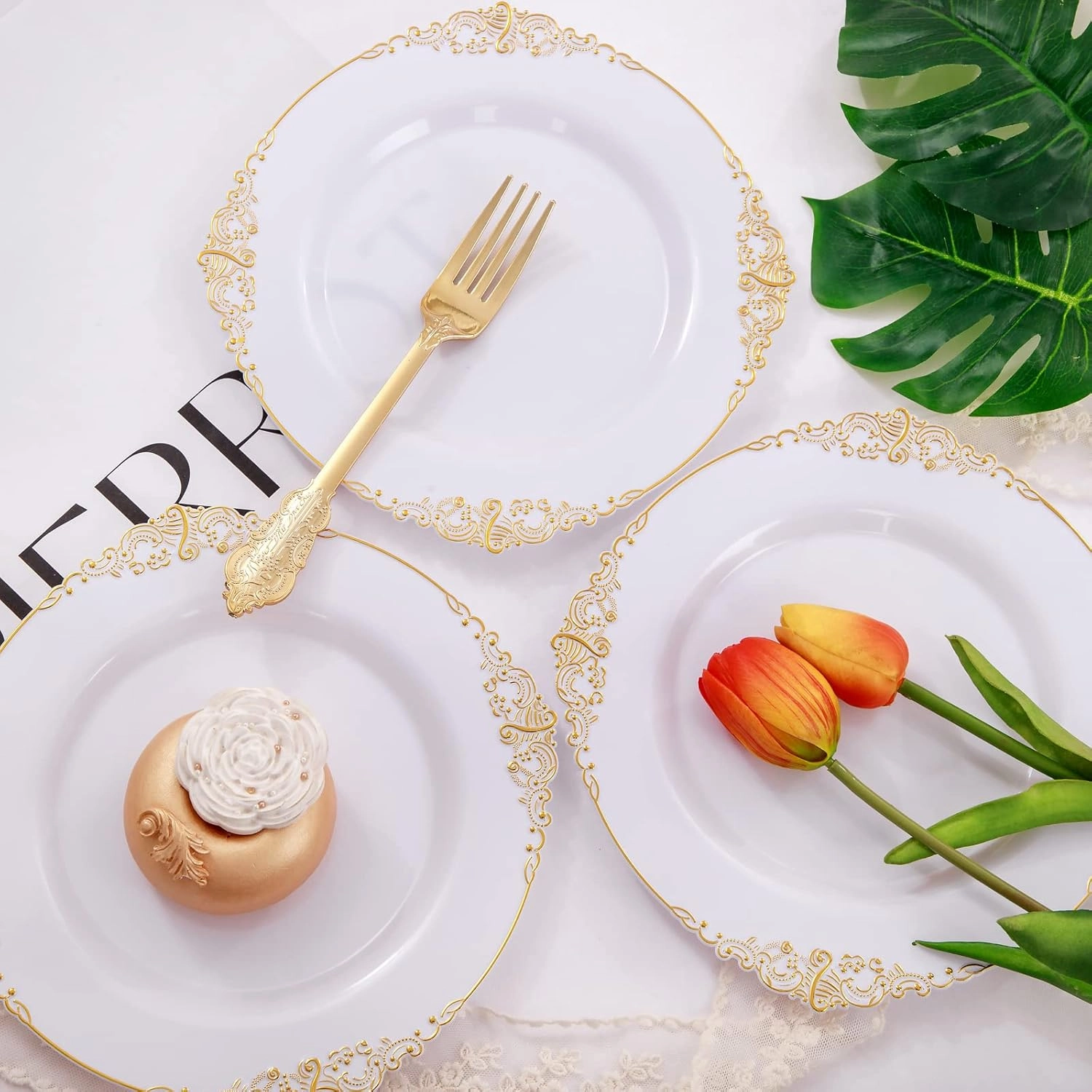 Nervure 100PCS White and Gold Plastic Plates - 7.5inch Gold Disposable Plates - Heavyweight Plastic Plates - Dessert Plates for Wedding & Party & Father's Day & Christmas