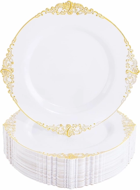 Nervure 100PCS White and Gold Plastic Plates - 7.5inch Gold Disposable Plates - Heavyweight Plastic Plates - Dessert Plates for Wedding & Party & Father's Day & Christmas