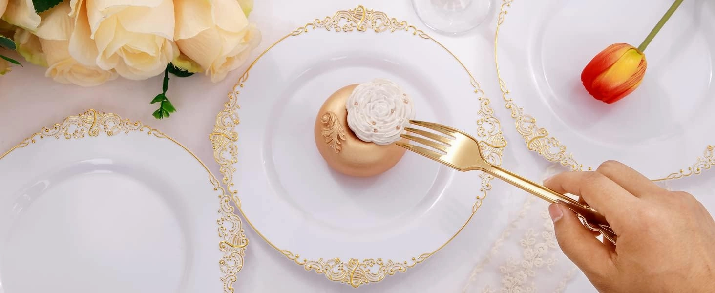 Nervure 100PCS White and Gold Plastic Plates - 7.5inch Gold Disposable Plates - Heavyweight Plastic Plates - Dessert Plates for Wedding & Party & Father's Day & Christmas