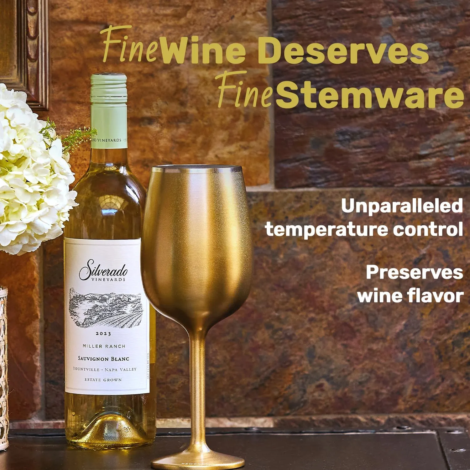 NEWPORT Stemware Collection Premium Vacuum Insulated Stainless Steel Wine Glass, Lightweight Wine Glass, Unbreakable & Drinks Stay Cold, Non-Slip Silicon Base, Cocktail Glasses, 12oz, Dark Walnut