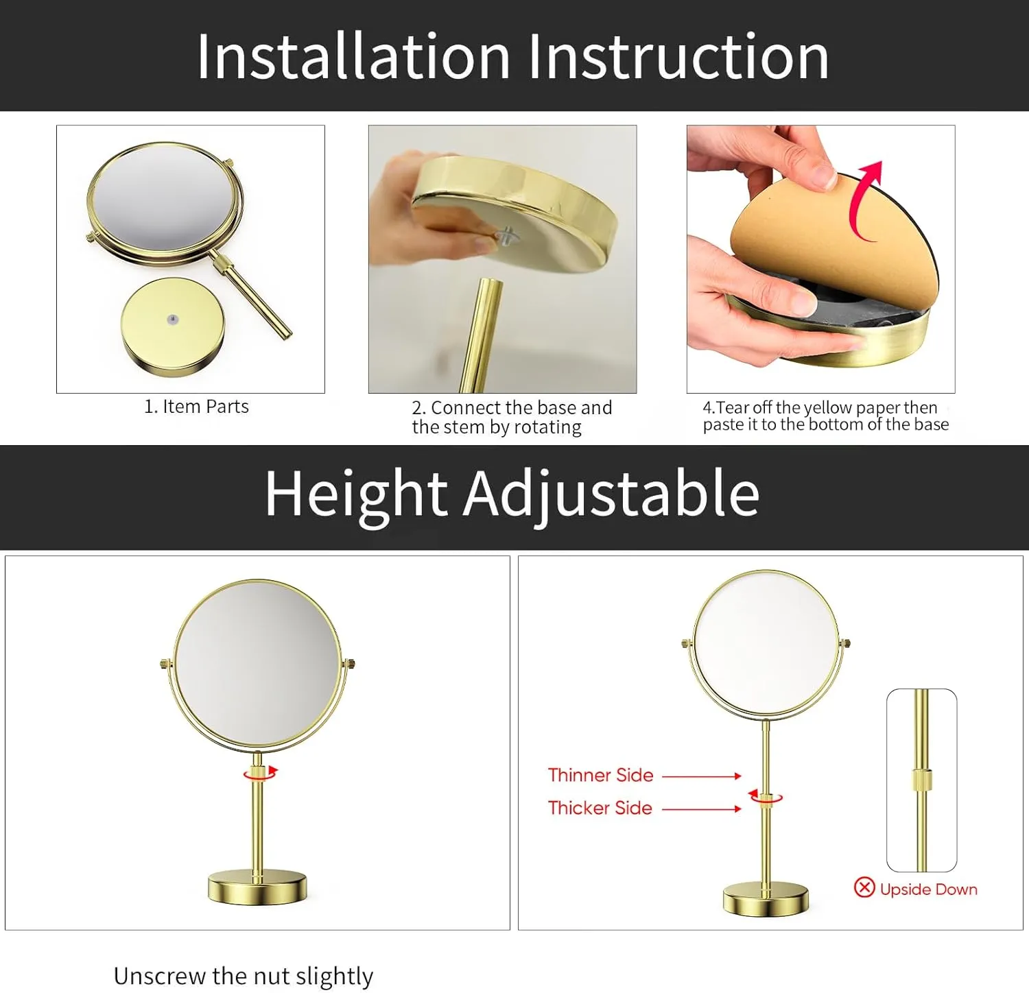 Nicesail Height Adjustable 15~19” Tall Table Mirror, 1X 10X Magnifying Mirror Double Sided for Makeup&Shaving, Desk Vanity Mirror with 360 Rotation of 8” Mirror Face, Bathroom Shiny Gold Makeup Mirror