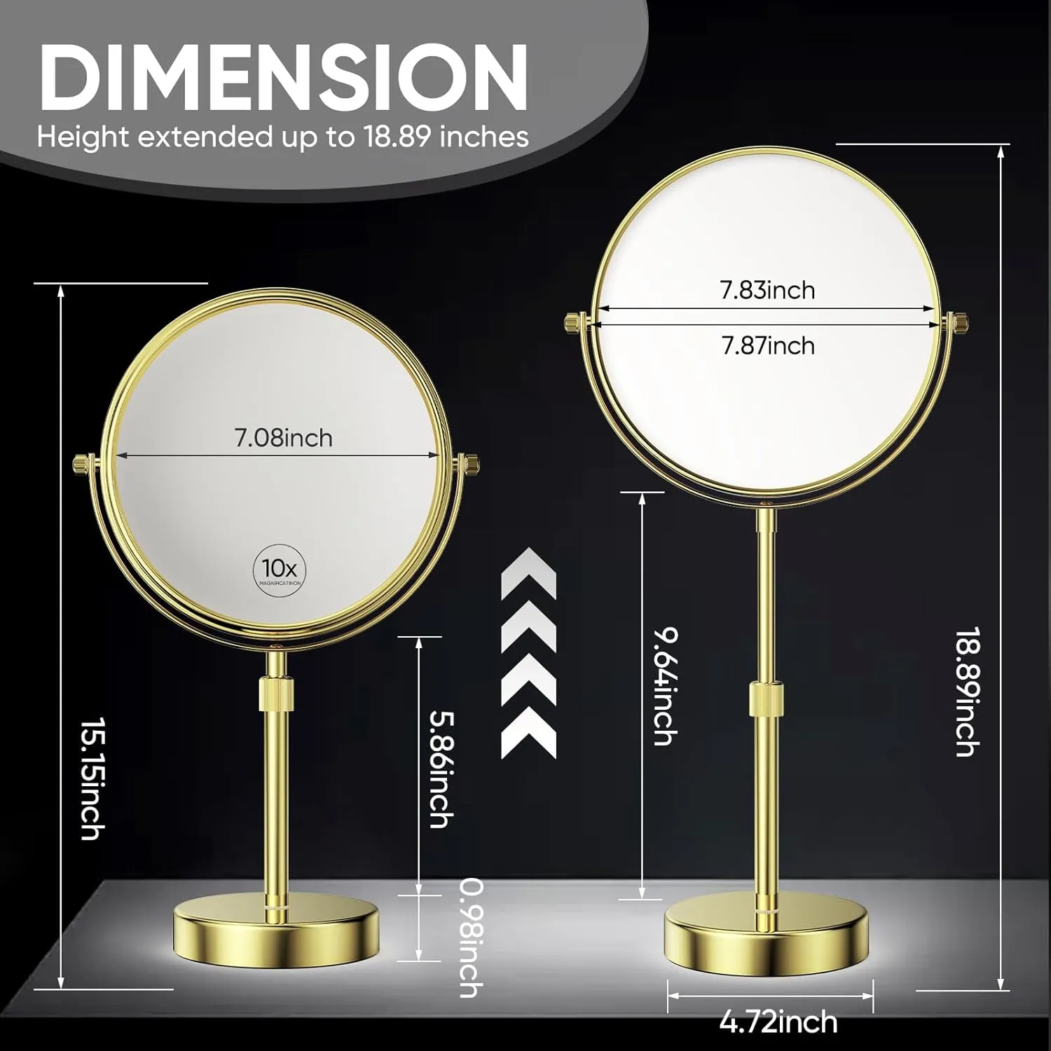 Nicesail Height Adjustable 15~19” Tall Table Mirror, 1X 10X Magnifying Mirror Double Sided for Makeup&Shaving, Desk Vanity Mirror with 360 Rotation of 8” Mirror Face, Bathroom Shiny Gold Makeup Mirror