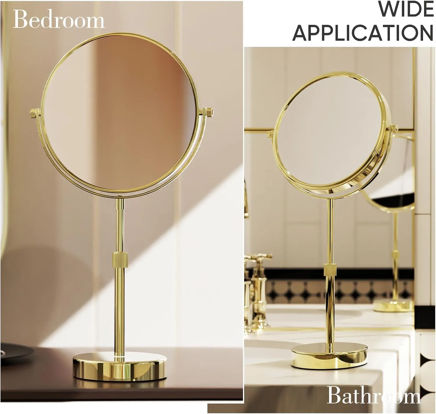 Nicesail Height Adjustable 15~19” Tall Table Mirror, 1X 10X Magnifying Mirror Double Sided for Makeup&Shaving, Desk Vanity Mirror with 360 Rotation of 8” Mirror Face, Bathroom Shiny Gold Makeup Mirror
