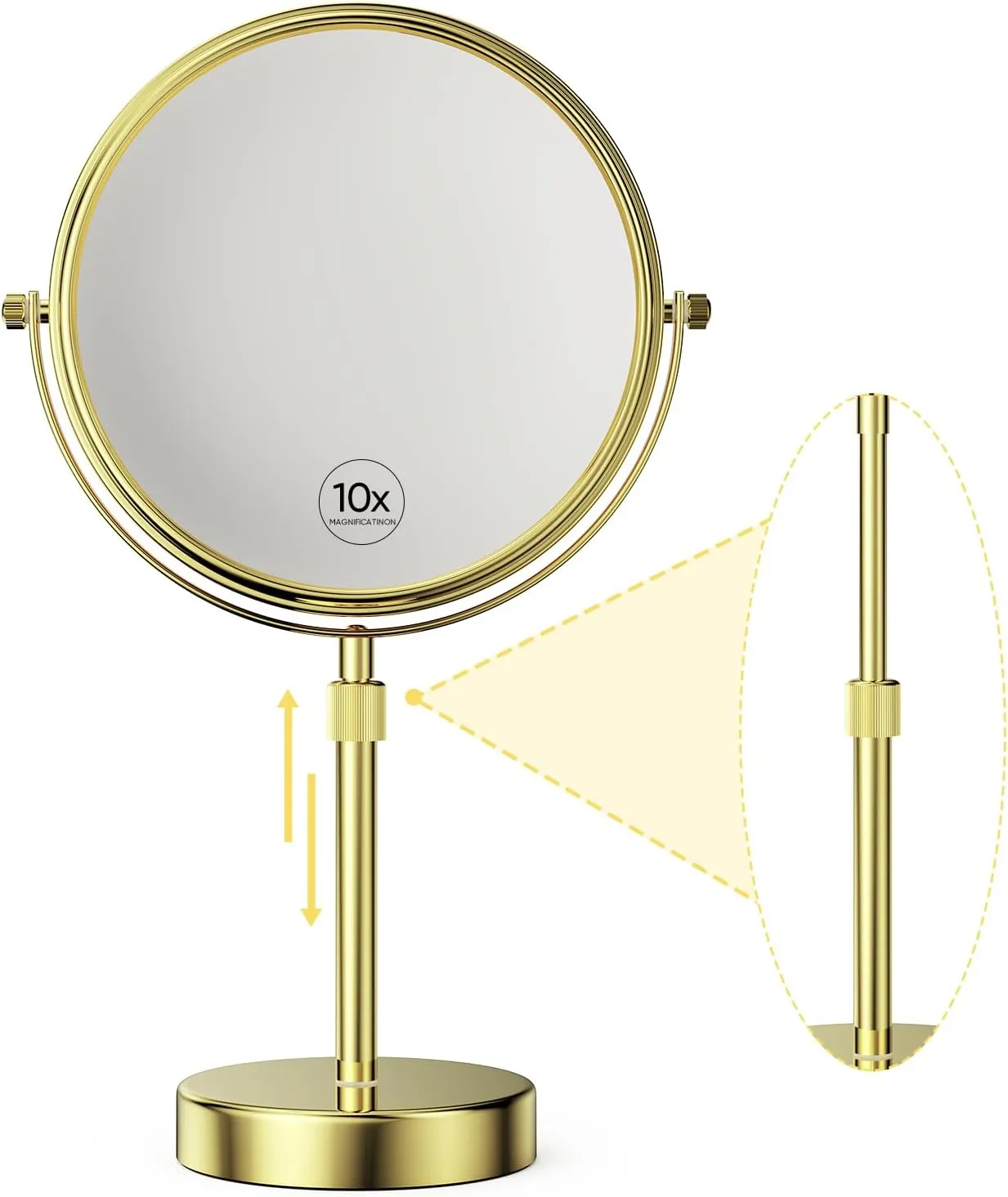 Nicesail Height Adjustable 15~19” Tall Table Mirror, 1X 10X Magnifying Mirror Double Sided for Makeup&Shaving, Desk Vanity Mirror with 360 Rotation of 8” Mirror Face, Bathroom Shiny Gold Makeup Mirror