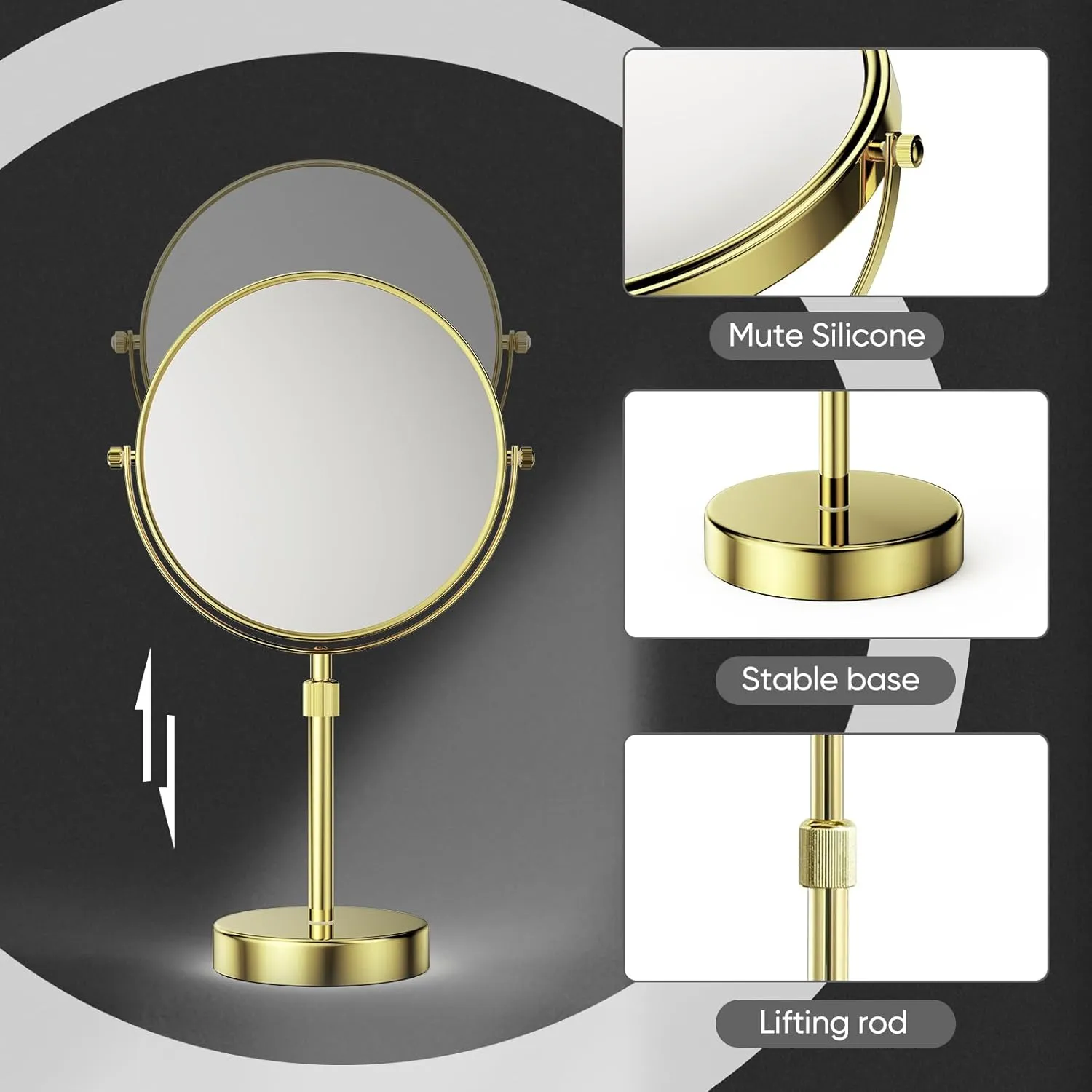 Nicesail Height Adjustable 15~19” Tall Table Mirror, 1X 10X Magnifying Mirror Double Sided for Makeup&Shaving, Desk Vanity Mirror with 360 Rotation of 8” Mirror Face, Bathroom Shiny Gold Makeup Mirror