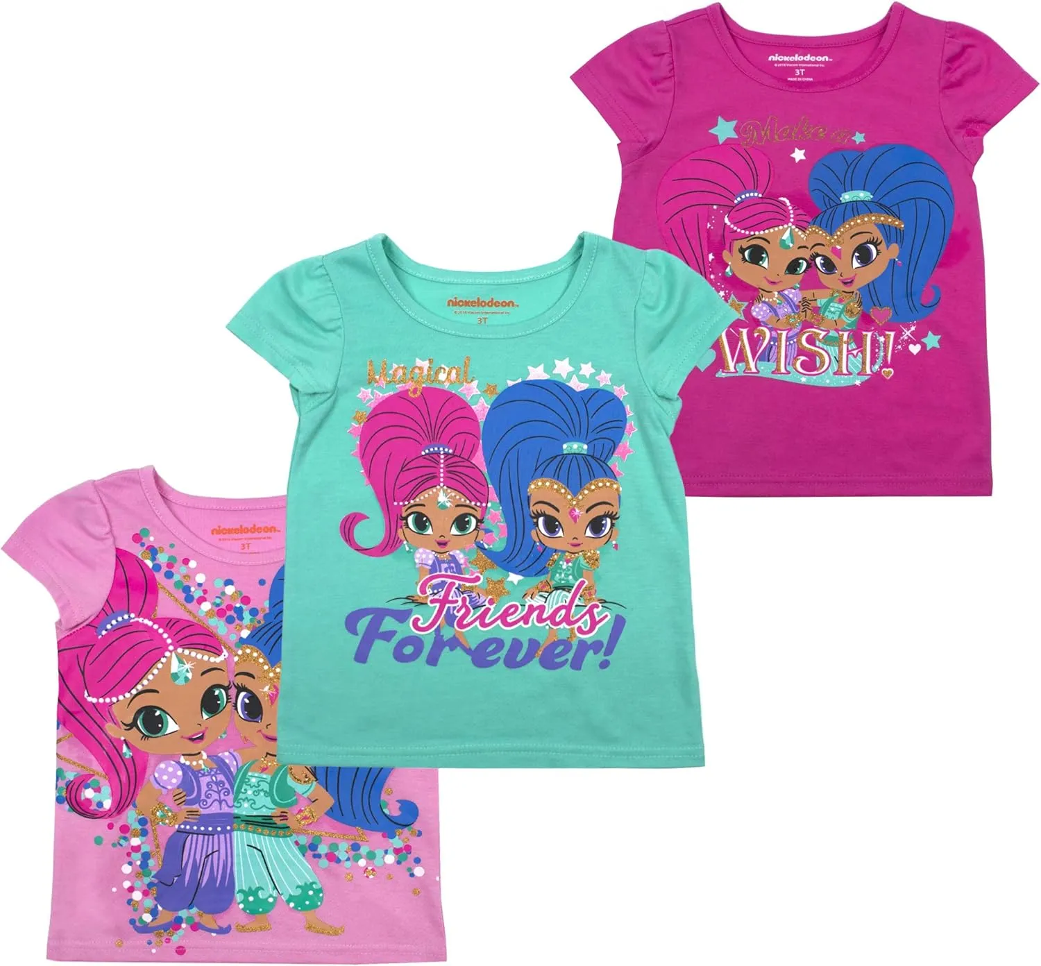 Nickelodeon Shimmer and Shine Girls’ T-Shirt 3 Pack for Toddler and Little Kids – Pink/Blue