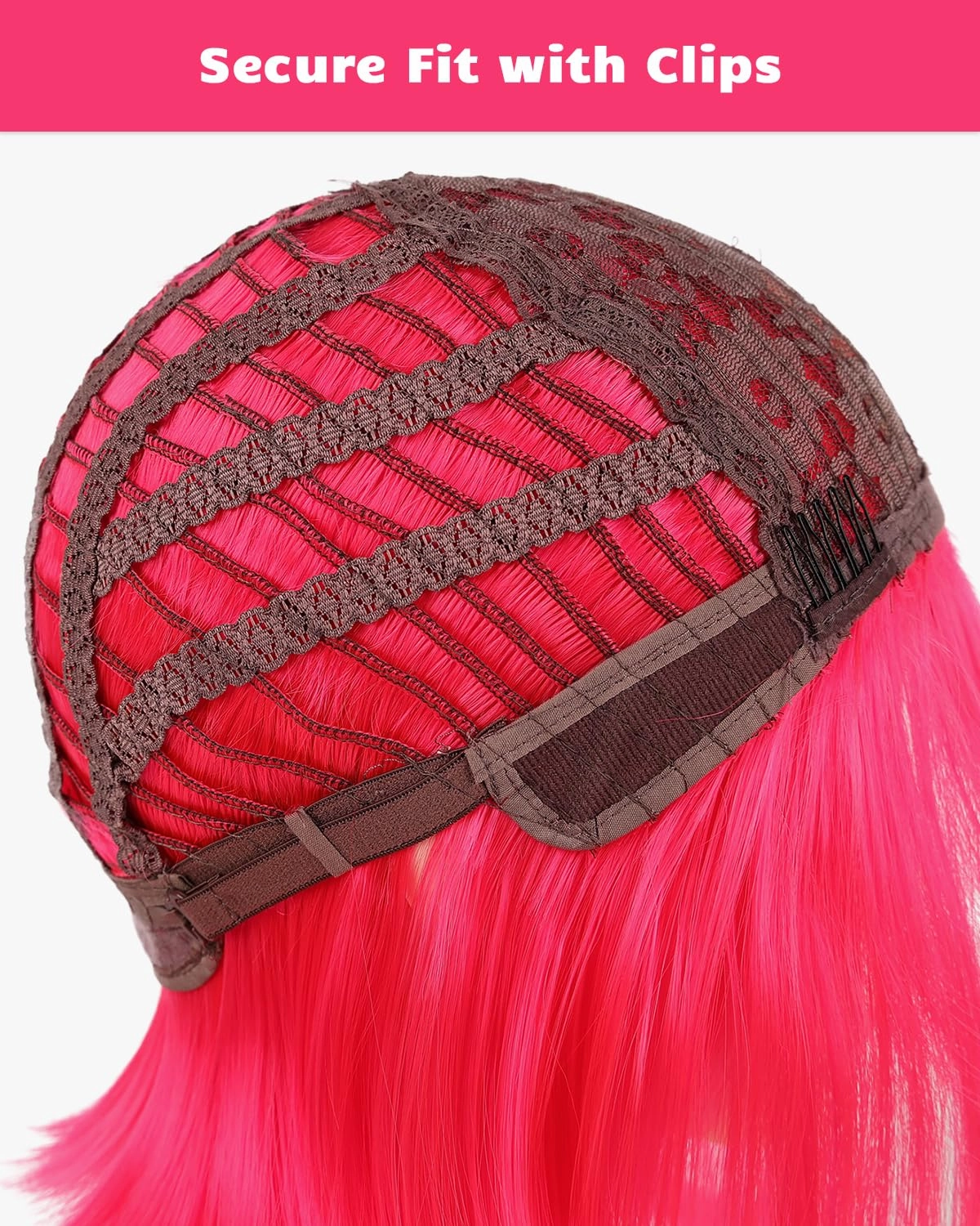 NOTICEME Hot Pink Bob Wig with Bangs, Short Straight Costume Hot Pink Wig for Women Cosplay, Synthetic Hair, 14in