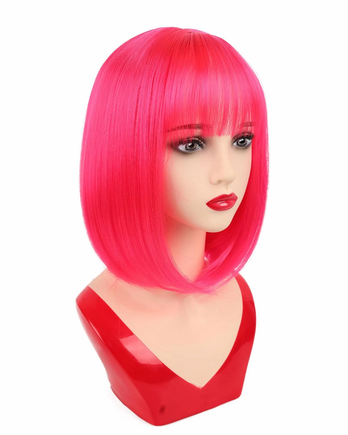 NOTICEME Hot Pink Bob Wig with Bangs, Short Straight Costume Hot Pink Wig for Women Cosplay, Synthetic Hair, 14in
