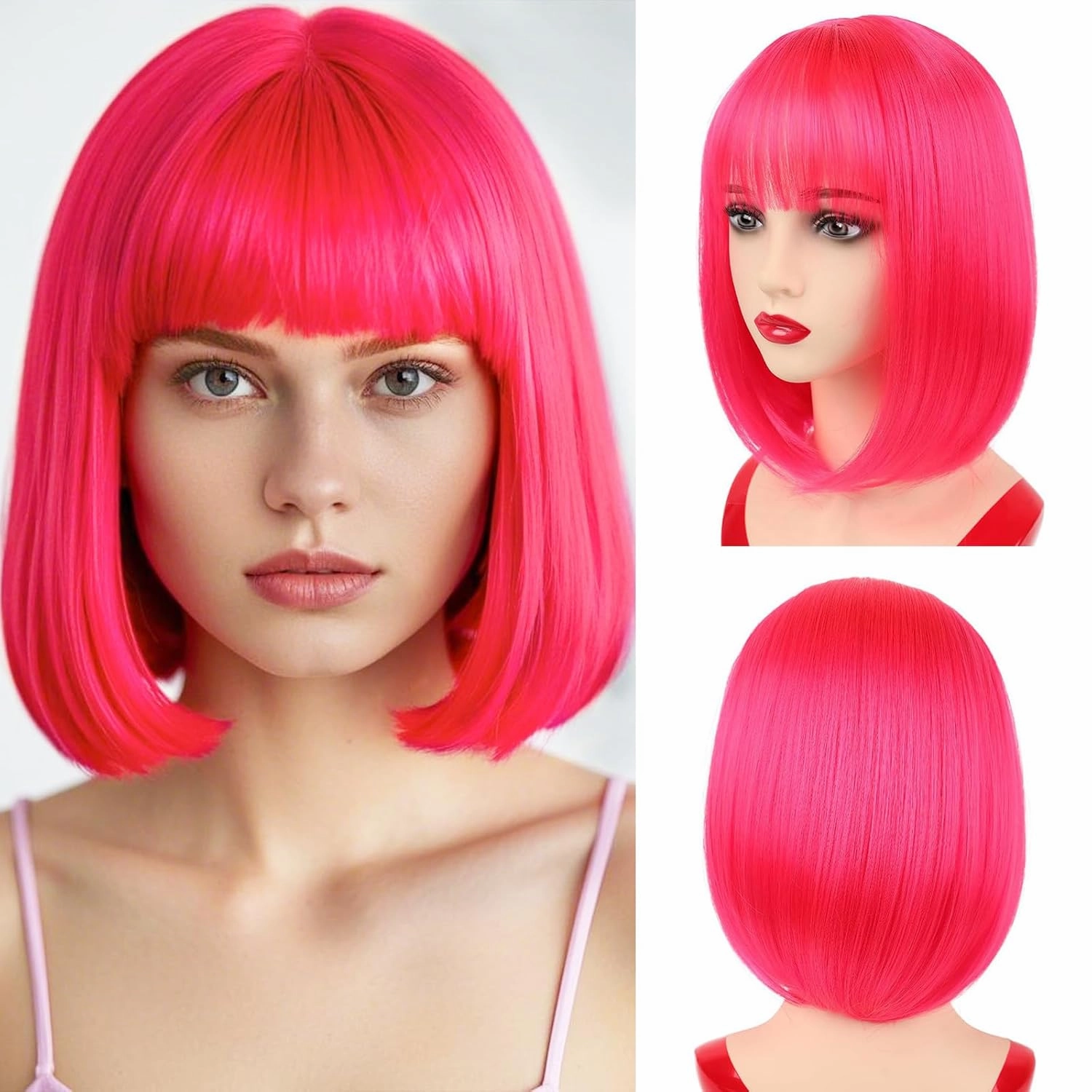 NOTICEME Hot Pink Bob Wig with Bangs, Short Straight Costume Hot Pink Wig for Women Cosplay, Synthetic Hair, 14in