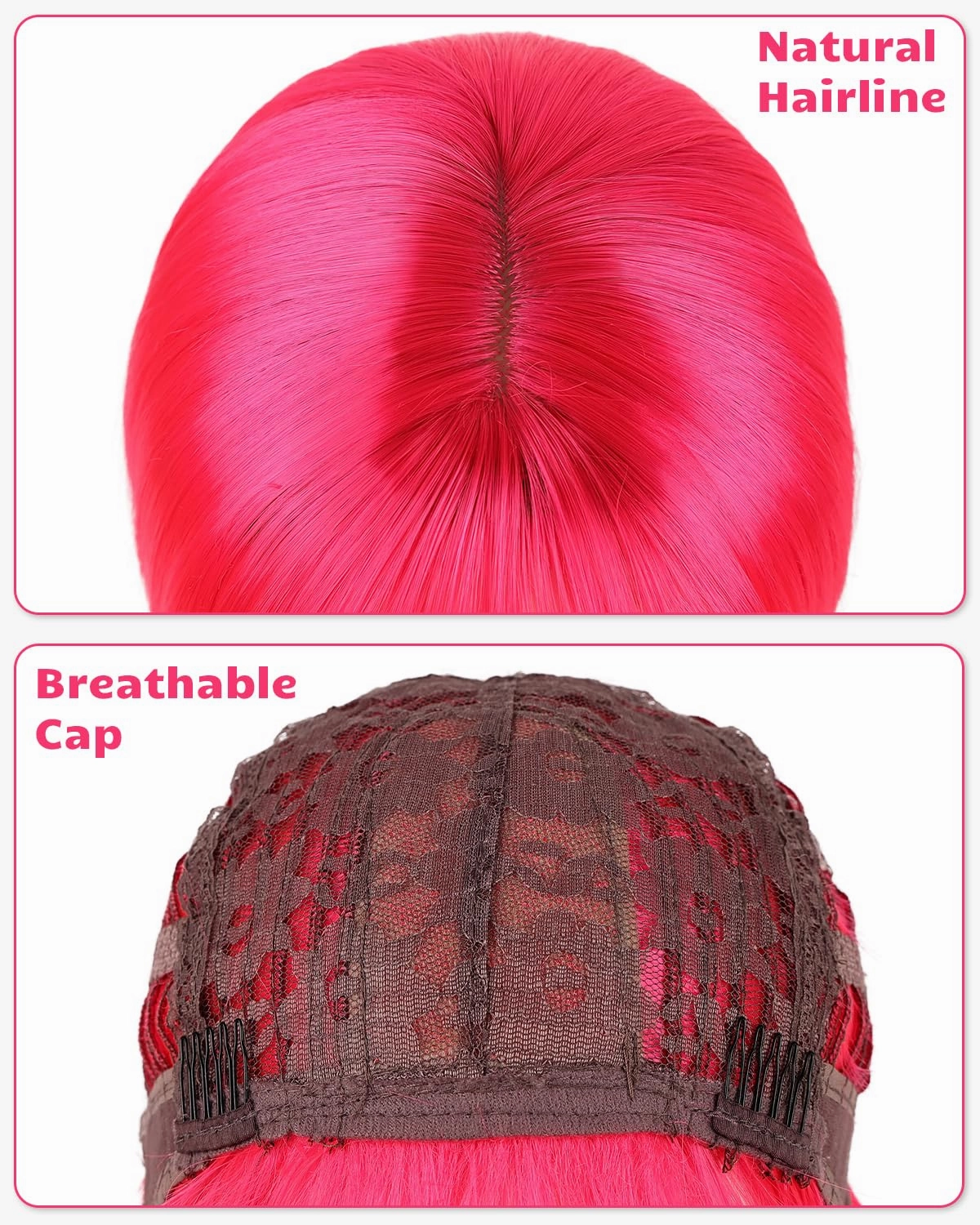 NOTICEME Hot Pink Bob Wig with Bangs, Short Straight Costume Hot Pink Wig for Women Cosplay, Synthetic Hair, 14in