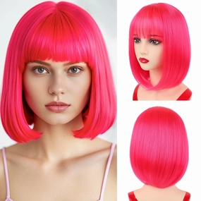 NOTICEME Hot Pink Bob Wig with Bangs, Short Straight Costume Hot Pink Wig for Women Cosplay, Synthetic Hair, 14in