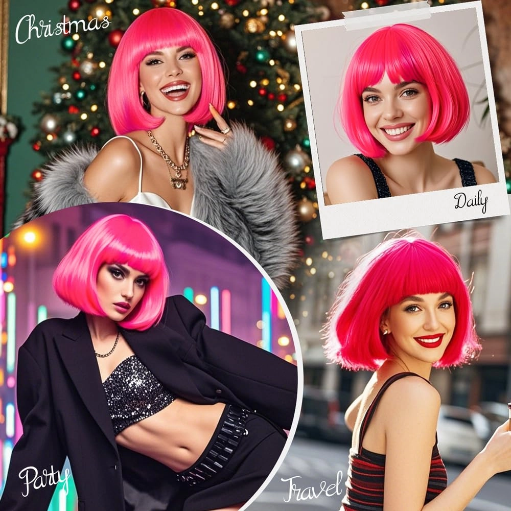 NOTICEME Hot Pink Bob Wig with Bangs, Short Straight Costume Hot Pink Wig for Women Cosplay, Synthetic Hair, 14in