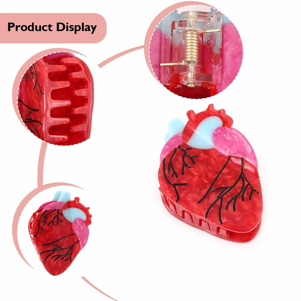 Novelty Anatomical Heart Hair Claw Clip, Red and White, 1 Piece