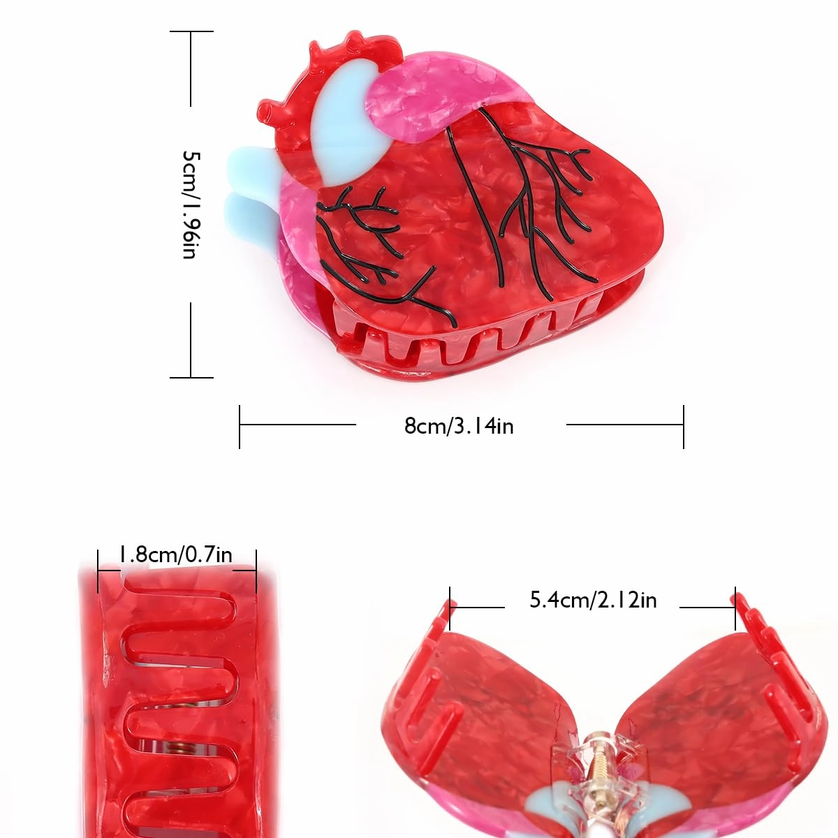Novelty Anatomical Heart Hair Claw Clip, Red and White, 1 Piece