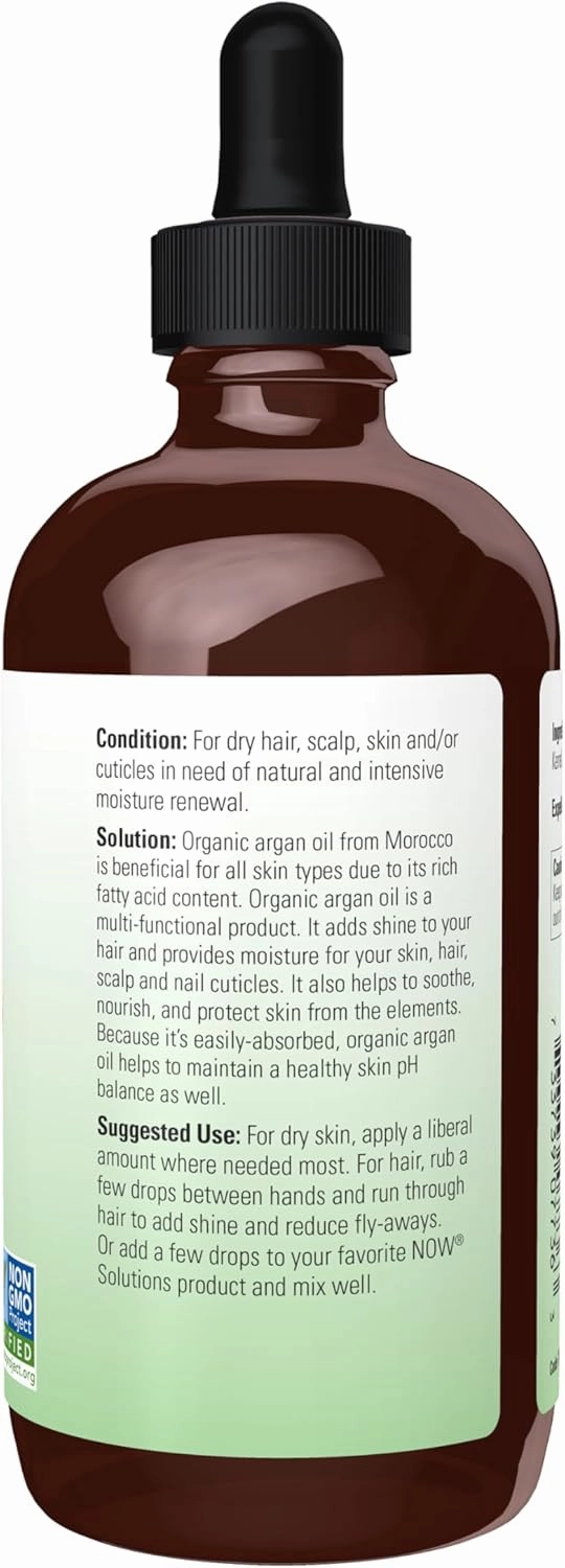 NOW Foods Solutions, Organic Argan Oil, Certified Organic and 100% Pure, "Gold of Morocco" Multi-Purpose Oil, 4-Ounce