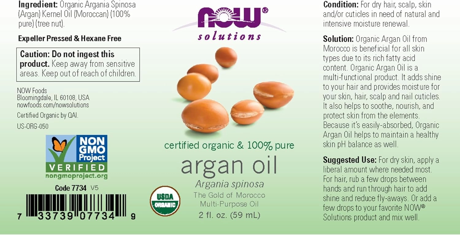 NOW Solutions, Organic Argan Oil, Certified Organic and 100% Pure, Gold of Morocco Multi-Purpose Oil, 2-Ounce (Pack of 2)