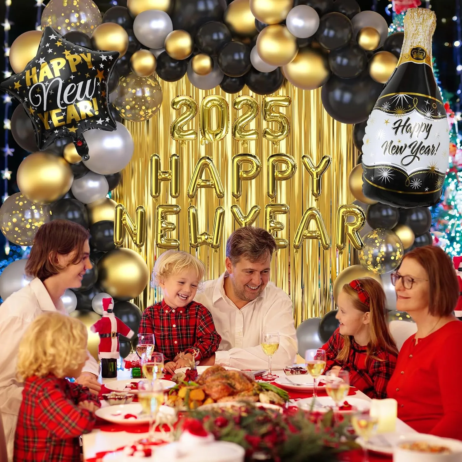 Nye Decorations 2025, Black and Gold Balloons 2025 Number Balloons Champagne Balloons New Year Banner Fringe Backdrop for New Years Eve Party Supplies 2025