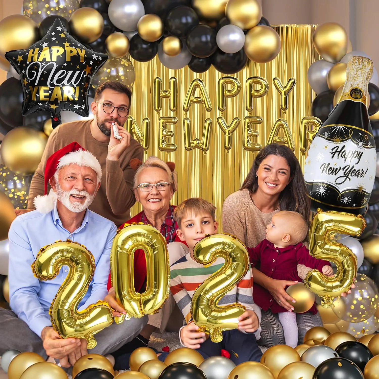 Nye Decorations 2025, Black and Gold Balloons 2025 Number Balloons Champagne Balloons New Year Banner Fringe Backdrop for New Years Eve Party Supplies 2025