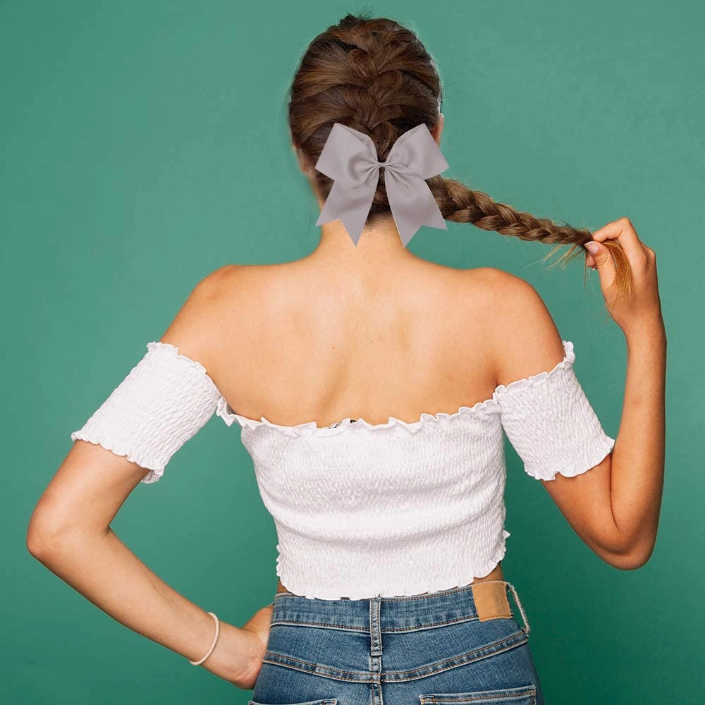 Oaoleer 21PCS 8" Large Cheer Bows Gray Bows Jumbo Cheerleader Bow with Ponytail Holder Elastic Band Handmade for Cheerleading Teen Girls College Sports