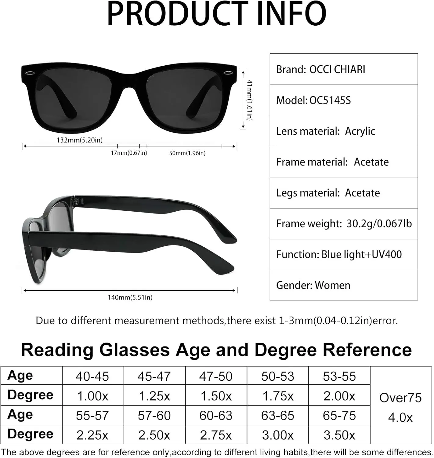 OCCI CHIARI Oversized Reader Sunglasses for Women Reading Sunglasses 1.0 1.25 1.5 1.75 2.0 2.25 2.5 2.75 3.0 3.5 3.75 4.0