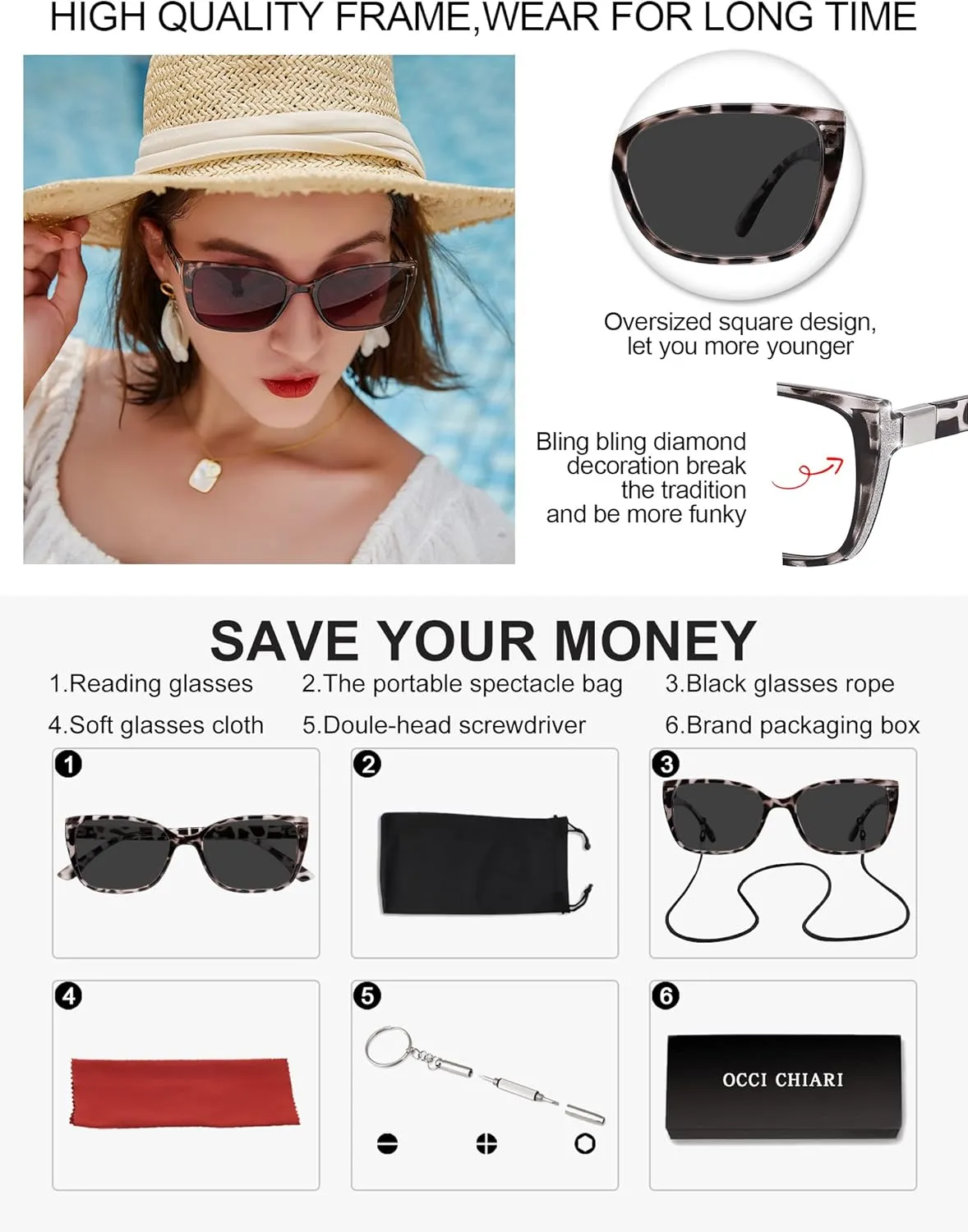OCCI CHIARI Oversized Reader Sunglasses Women Reading Sunglasses(1.0 1.25 1.5 1.75 2.0 2.25 2.5 2.75 3.0 3.5)