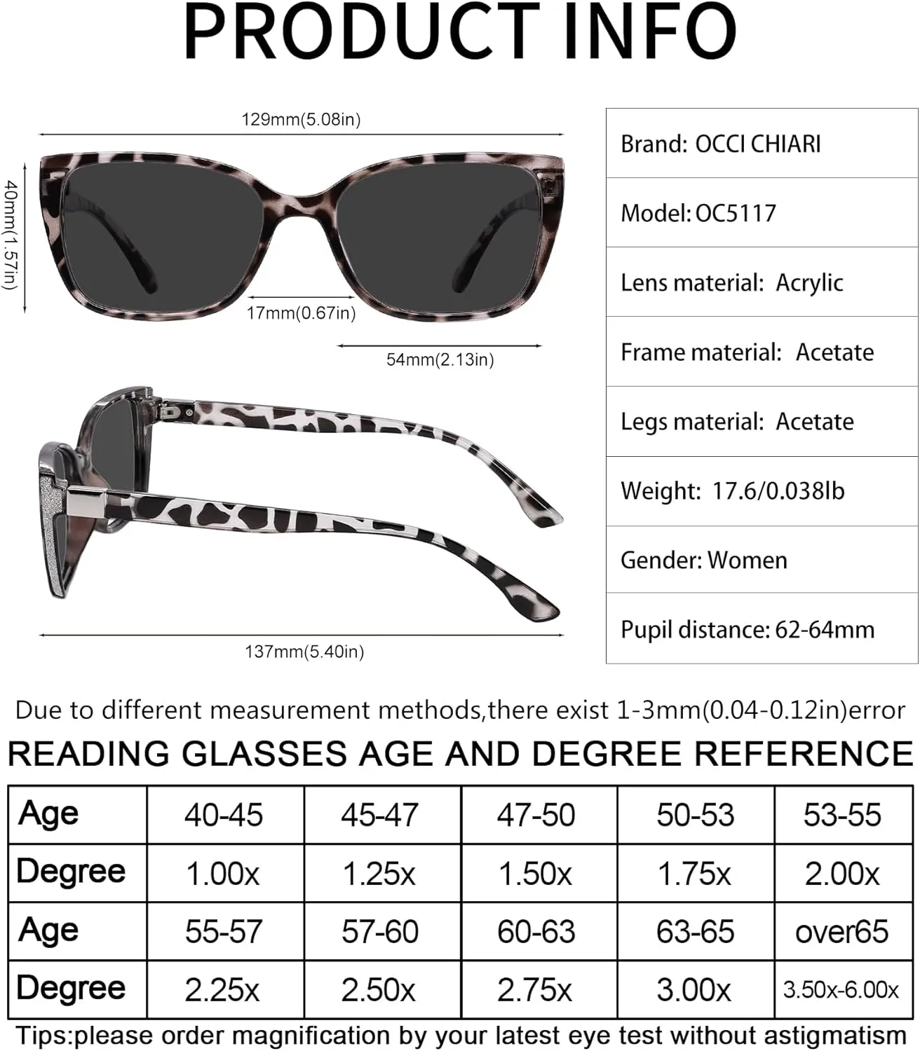 OCCI CHIARI Oversized Reader Sunglasses Women Reading Sunglasses(1.0 1.25 1.5 1.75 2.0 2.25 2.5 2.75 3.0 3.5)