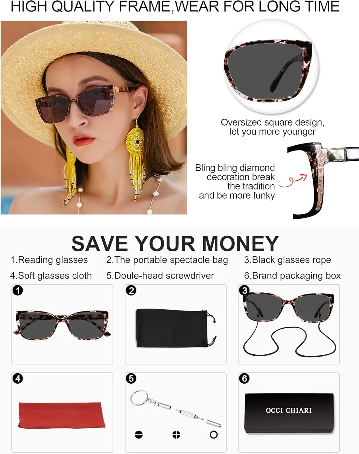 OCCI CHIARI Oversized Reader Sunglasses Women Reading Sunglasses(1.0 1.25 1.5 1.75 2.0 2.25 2.5 2.75 3.0 3.5)