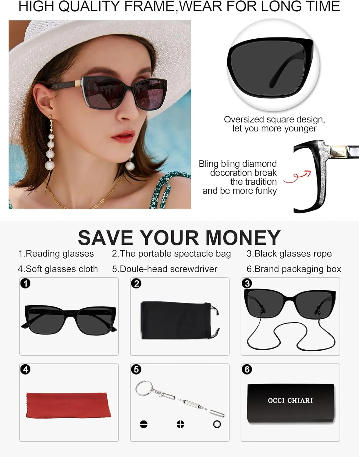 OCCI CHIARI Oversized Reader Sunglasses Women Reading Sunglasses(1.0 1.25 1.5 1.75 2.0 2.25 2.5 2.75 3.0 3.5)