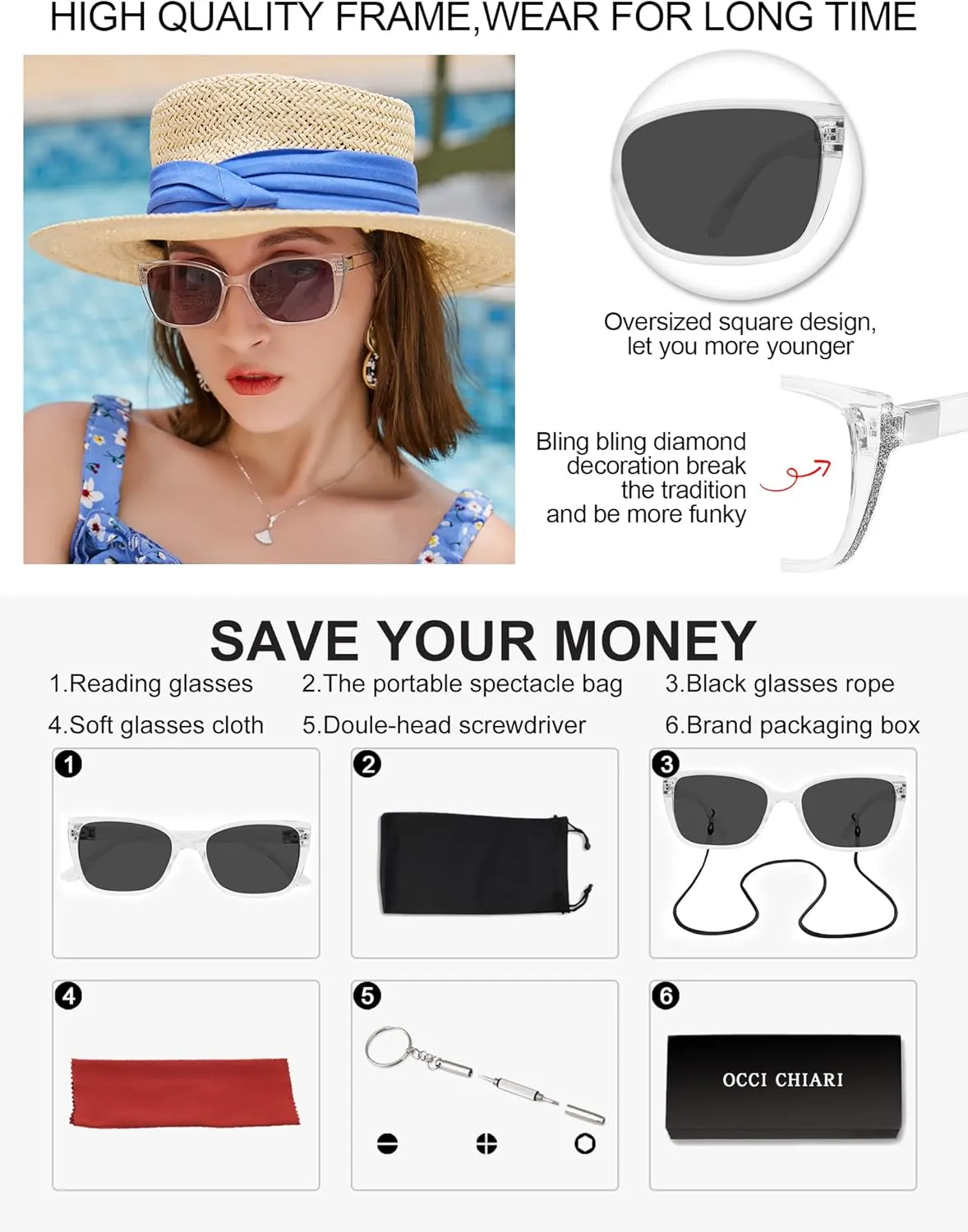 OCCI CHIARI Oversized Reader Sunglasses Women Reading Sunglasses(1.0 1.25 1.5 1.75 2.0 2.25 2.5 2.75 3.0 3.5)