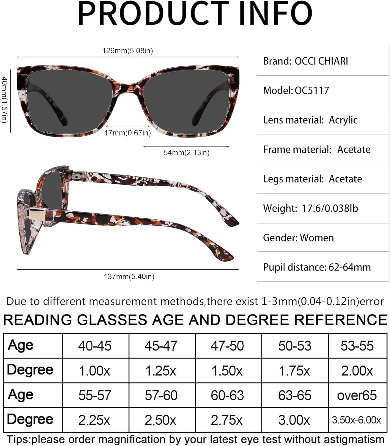 OCCI CHIARI Oversized Reader Sunglasses Women Reading Sunglasses(1.0 1.25 1.5 1.75 2.0 2.25 2.5 2.75 3.0 3.5)