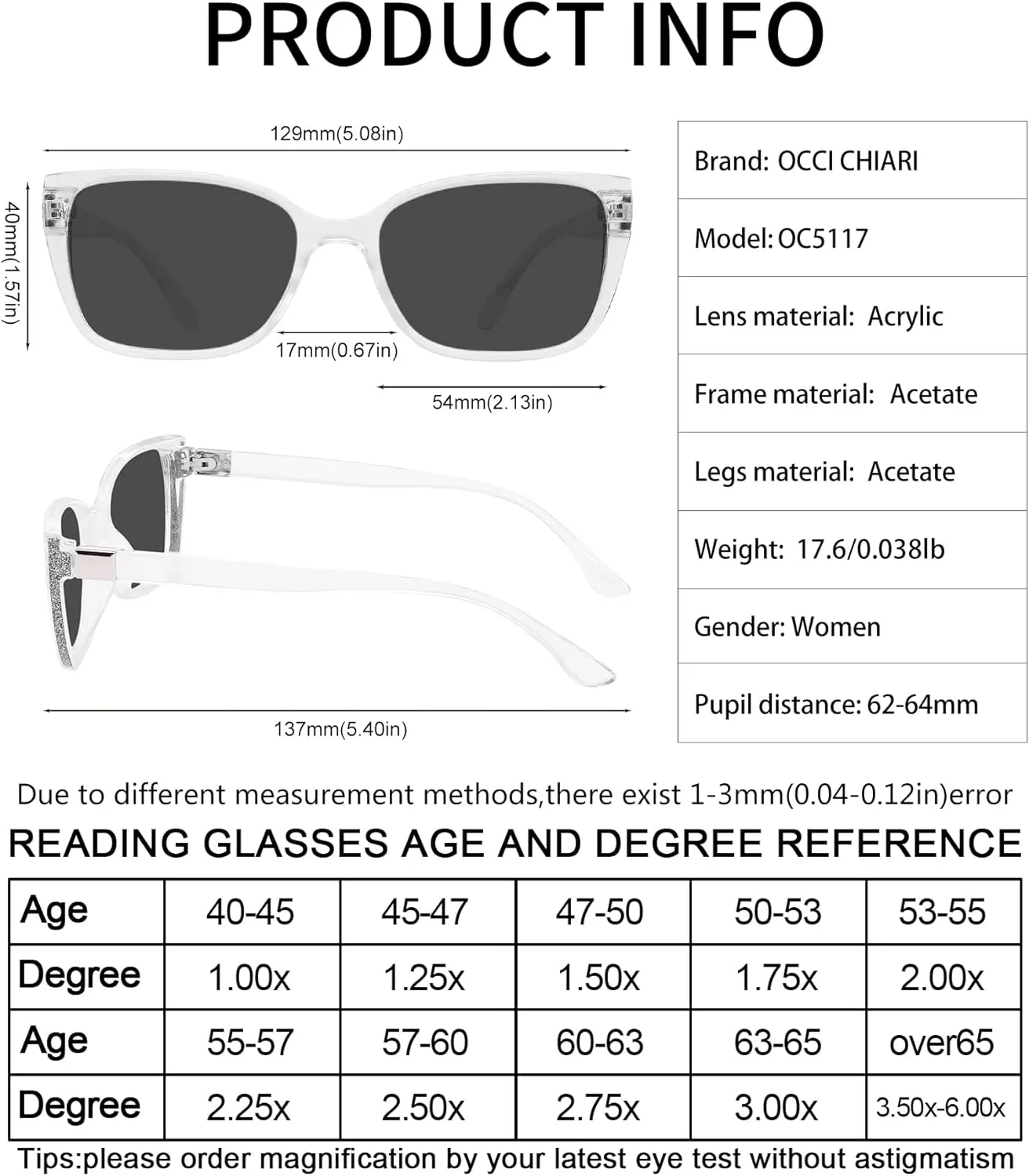 OCCI CHIARI Oversized Reader Sunglasses Women Reading Sunglasses(1.0 1.25 1.5 1.75 2.0 2.25 2.5 2.75 3.0 3.5)