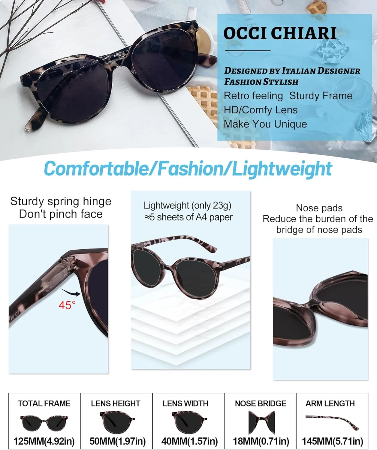 OCCI CHIARI Womens Sunglass Reading Glasses 1.25 Sun Readers with Magnification Outdoor UV400(1.0 1.25 1.5 1.75 2.0 2.25 2.5 2.75 3.0 3.5)