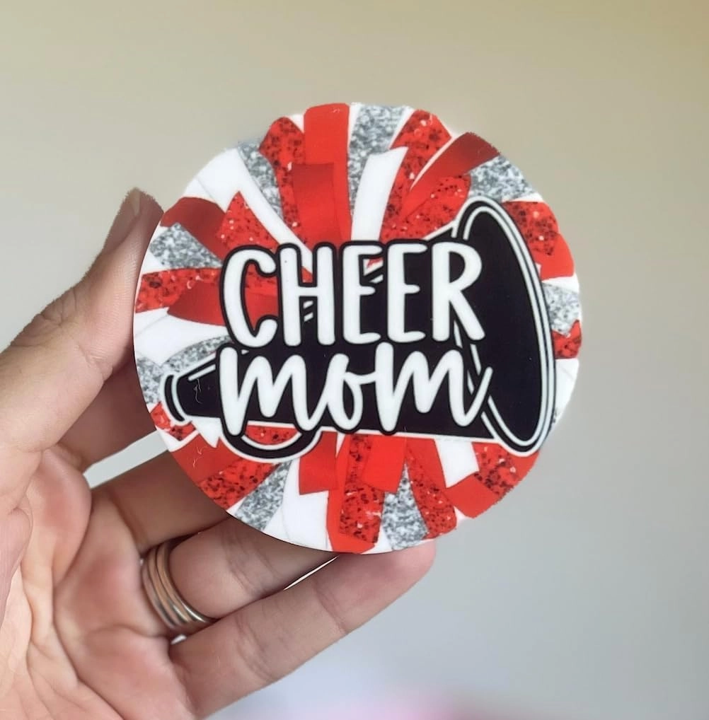 Oliver Designs, Bogg bag charms, CHEER, Poms/Megaphone, Bogg bag accessories, Sports Mama, 3"" charm, Cheerleader, Red/Silver, white