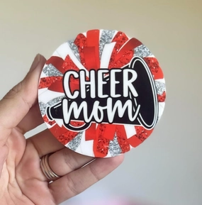 Oliver Designs, Bogg bag charms, CHEER, Poms/Megaphone, Bogg bag accessories, Sports Mama, 3"" charm, Cheerleader, Red/Silver, white