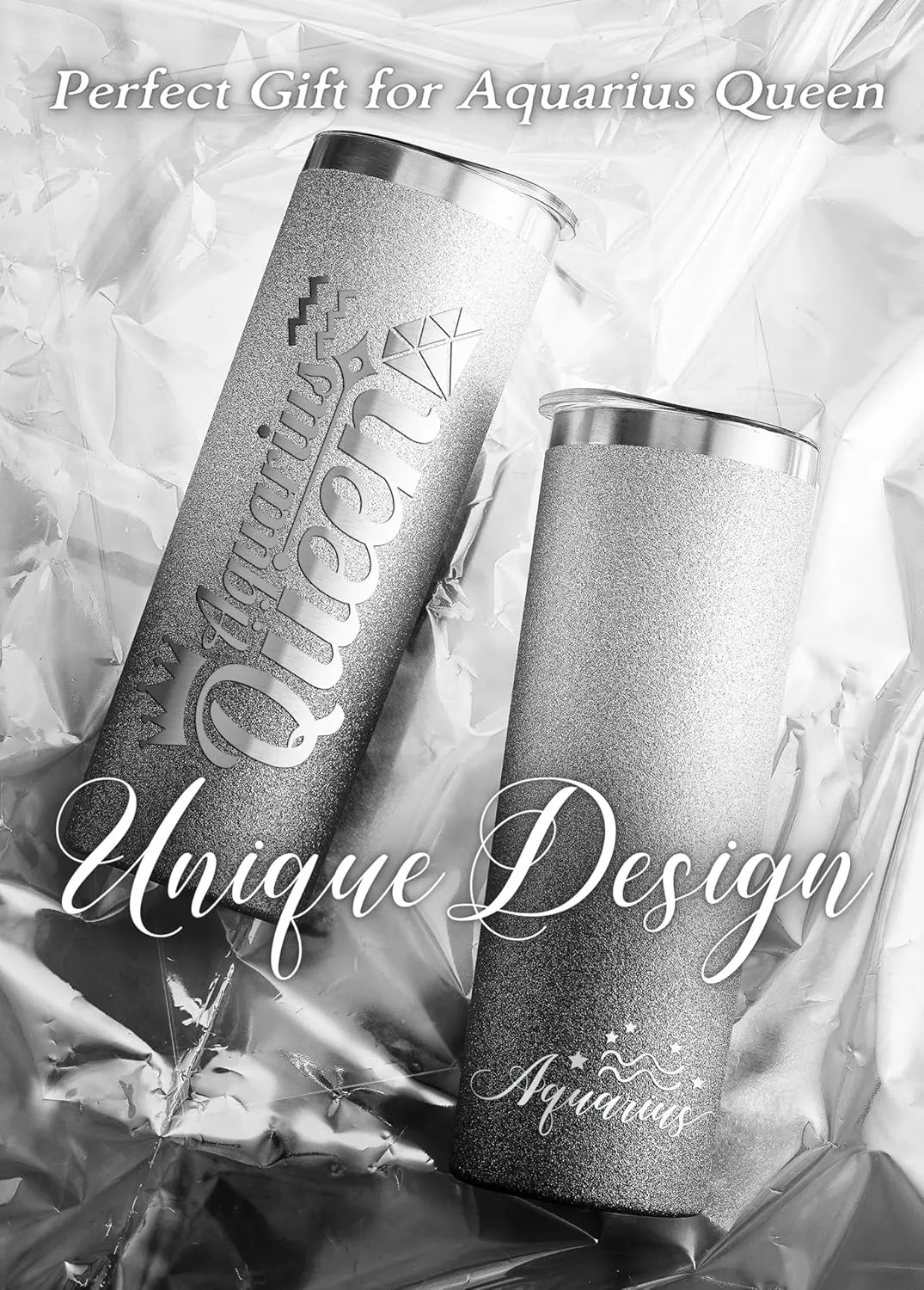 Onebttl Zodiac Gifts for Women, Best Friend Birthday Gifts for Her, 20oz Stainless Steel Tumbler, Engraved Logo Black and Silver, Aquarius