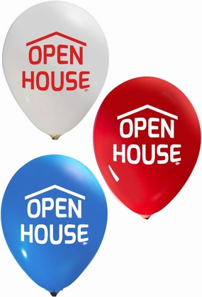 Open House Balloons (Red, White, Blue) - 12 Inch Latex - 2 Sided Print (16 Pieces) for Event Use - Fill with Air or Helium